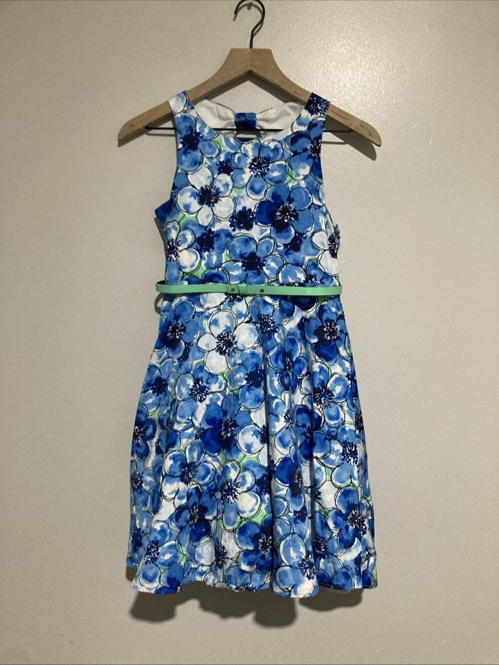 Rare Editions Kids Sz 16 Blue Multi Floral Bow Belt Sleeveless Flare Dress